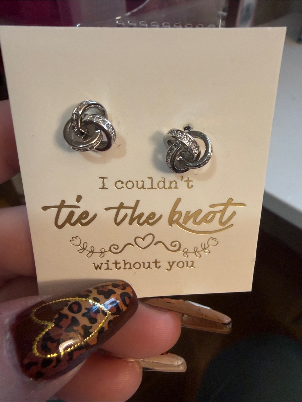 Silver Knot Stud Earrings with Crystal Accents - I couldn't tie the knot